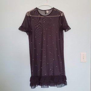 Divided Black Mesh Dress with Pearl Beads, size 6